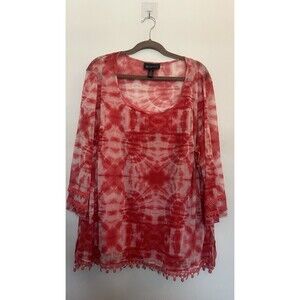 Hippie Boho Red White Tie Dye Festival Sheer Blouse 3/4 Sleeve 3X